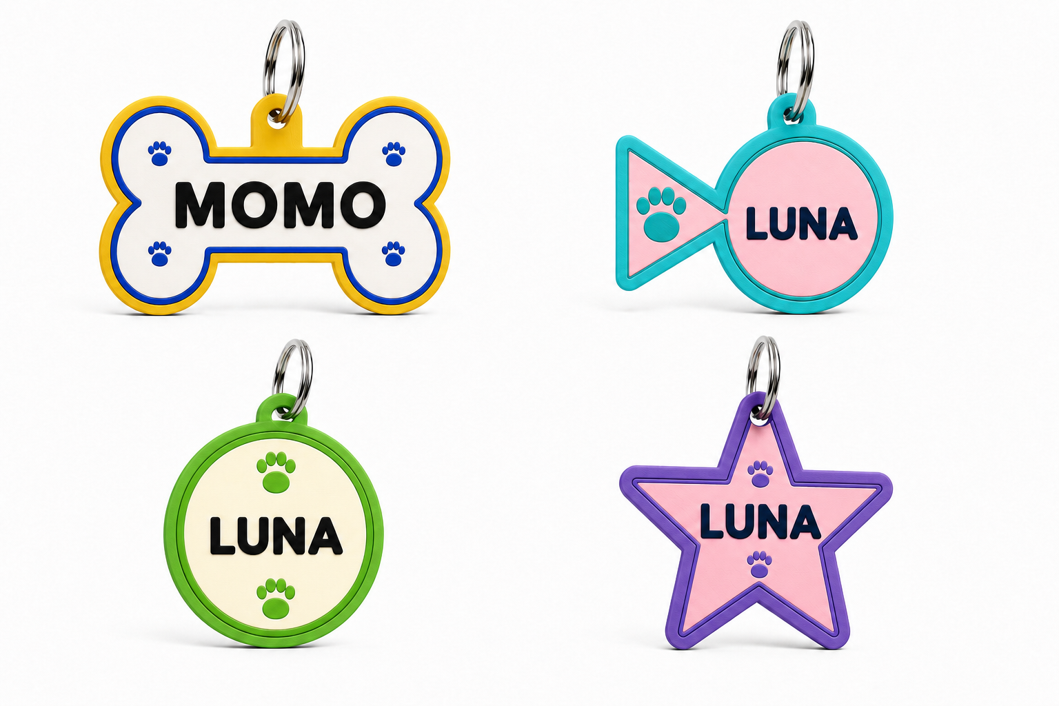 Modelos de placas SGSnest en hueso, pez, círculo y estrella con distintas combinaciones de colores